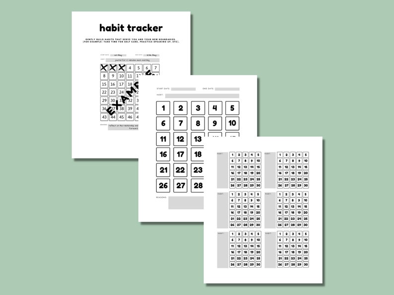 May include: A black and white habit tracker printable with a grid of squares numbered 1 to 45. The printable includes the text "habit tracker" and instructions to "daily build habits that serve you and your new endeavors. For example, take time for golf, practice breaking up, etc."