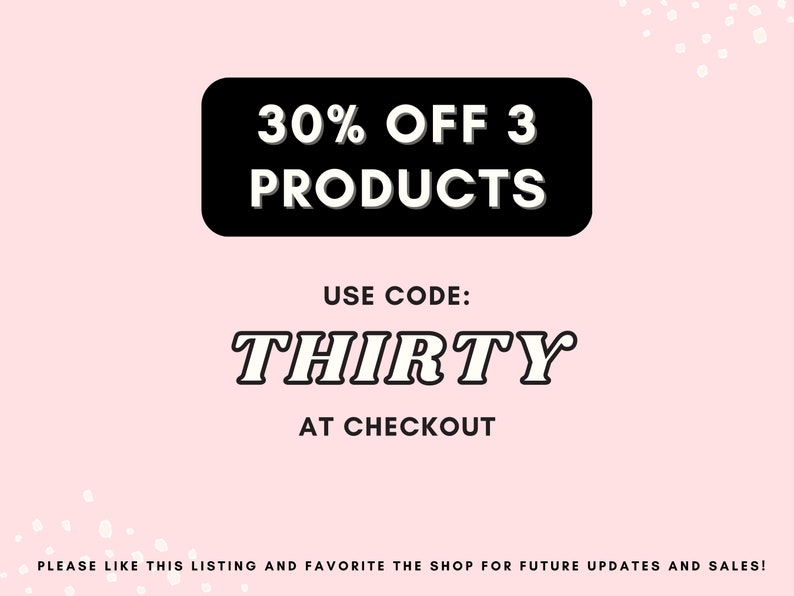 Może przedstawiać: R&oacute;żowe tło z białymi kropkami. Czarny prostokąt z białym tekstem: "30% OFF 3 PRODUCTS". Czarny tekst: "USE CODE: THIRTY AT CHECKOUT".