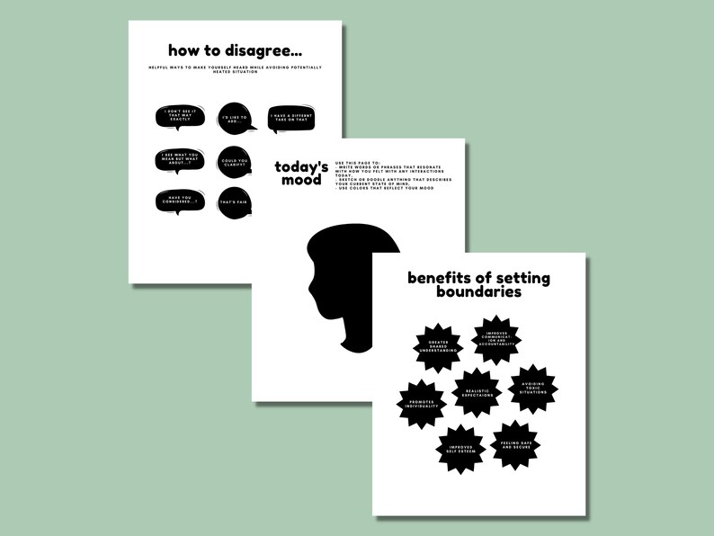 May include: Black and white printable guide with tips on how to disagree and the benefits of setting boundaries. The guide includes phrases like "I see what you mean, but I think..." and "That's fair".