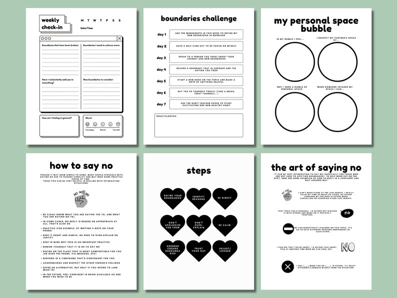 May include: Black and white printable worksheet with the title "Boundaries Challenge" and a list of daily challenges to set boundaries. The worksheet also includes a section titled "My Personal Space Bubble" with two circles representing personal space and a partner's space.