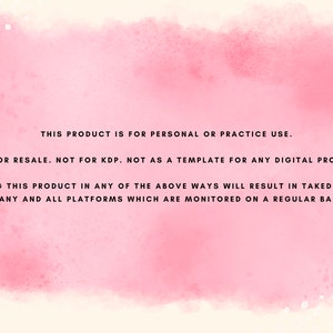 K&ouml;nnte beinhalten: Rosa Aquarellhintergrund mit wei&szlig;en Punkten. Der Text lautet: "Dieses Produkt ist f&uuml;r den pers&ouml;nlichen oder &Uuml;bungszweck bestimmt. Nicht f&uuml;r den Weiterverkauf. Nicht f&uuml;r KDP. Nicht als Vorlage f&uuml;r digitale Produkte. Die Verwendung dieses Produkts in einer der oben genannten Weisen f&uuml;hrt zu L&ouml;schungen auf allen Plattformen, die regelm&auml;&szlig;ig &uuml;berwacht werden."