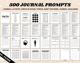 500 Tagebuch-Eingabeaufforderungen, Tagebuch-Eingabeaufforderungen für psychische Gesundheit, Anfänger, tiefe Eingabeaufforderungen, Journaling-Seiten, Angstzustände, druckbar, Habit Tracker, Therapie