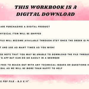 K&ouml;nnte beinhalten: Rosa-wei&szlig;er Aquarellhintergrund mit dem Text "THIS WORKBOOK IS A DIGITAL DOWNLOAD". Der Text darunter listet die Details des digitalen Downloads auf, darunter, dass es sich um eine 56-seitige PDF-Datei im Format 8,5 x 11 Zoll handelt.