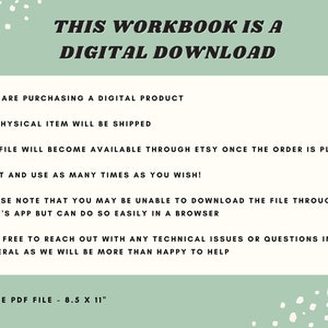 May include: A green background with white polka dots and white text that reads "THIS WORKBOOK IS A DIGITAL DOWNLOAD". The text below lists the details of the digital product, including that it is a 63-page PDF file that is 8.5 inches by 11 inches.