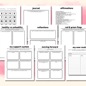 K&ouml;nnte beinhalten: Ein druckbarer Satz von Arbeitsbl&auml;ttern zur Selbstreflexion und pers&ouml;nlichen Weiterentwicklung. Die Arbeitsbl&auml;tter beinhalten Aufforderungen zum Journaling, Affirmationen, gesunde vs. ungesunde Beziehungen, Unterst&uuml;tzungssysteme, Vorw&auml;rtskommen und die Erstellung einer neuen Routine.