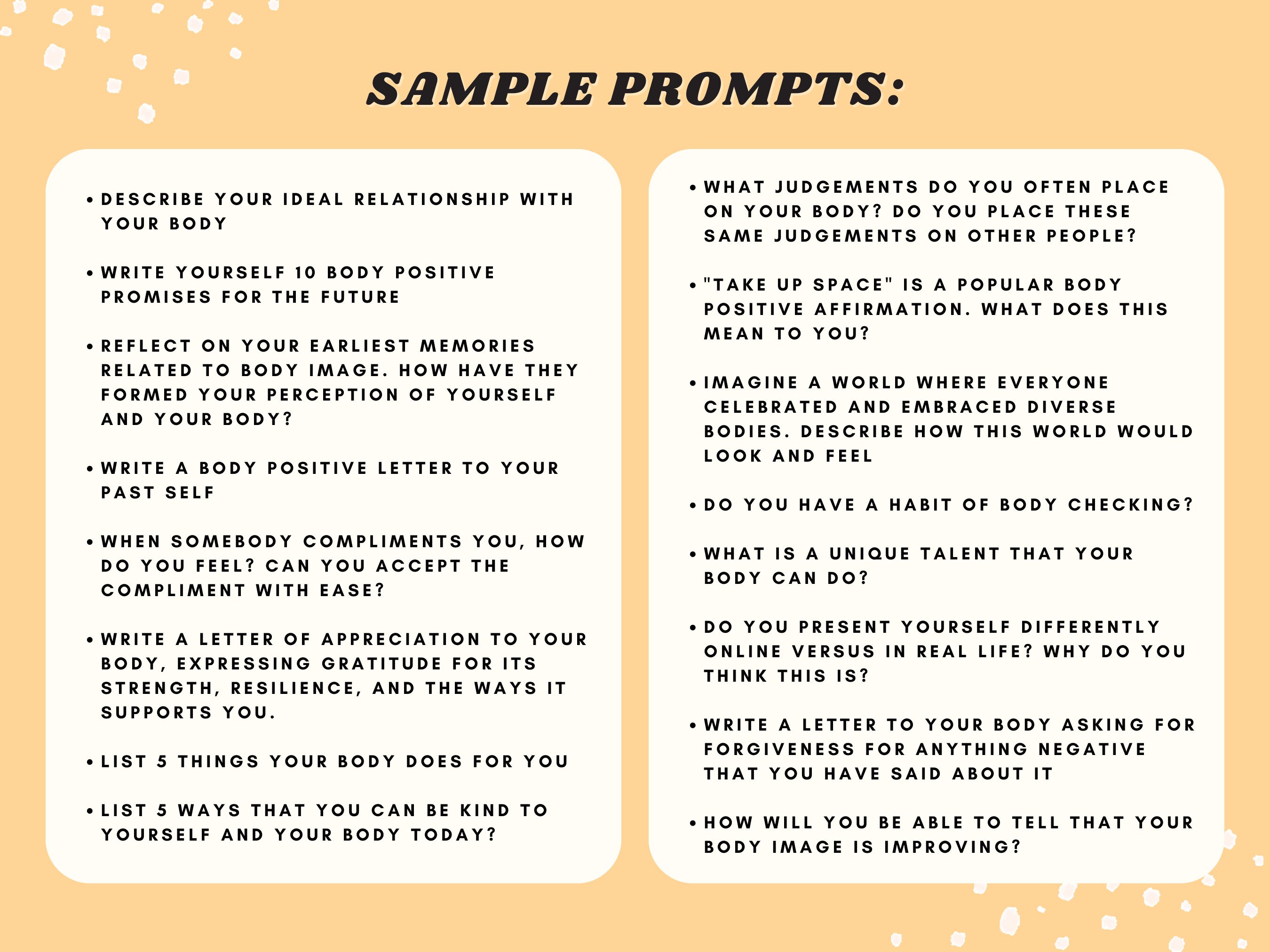 100 Journal Prompts for Body Image, Body Image Worksheet, Body Positive ...