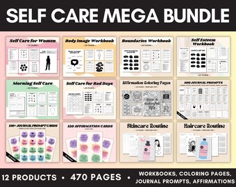 Self Care Mega Bundle, Self Care Workbook, Mental Health, Self Care for Women, Coloring Pages, Journal Prompts, Affirmations, Therapy Tools