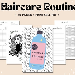 Op de afbeelding: Een printbaar haarverzorgingsroutine-journaal met een zwart-witte stippenachtergrond. De omslag toont een blauwe en roze fles met de tekst "my HAIRCARE ROUTINE journal".