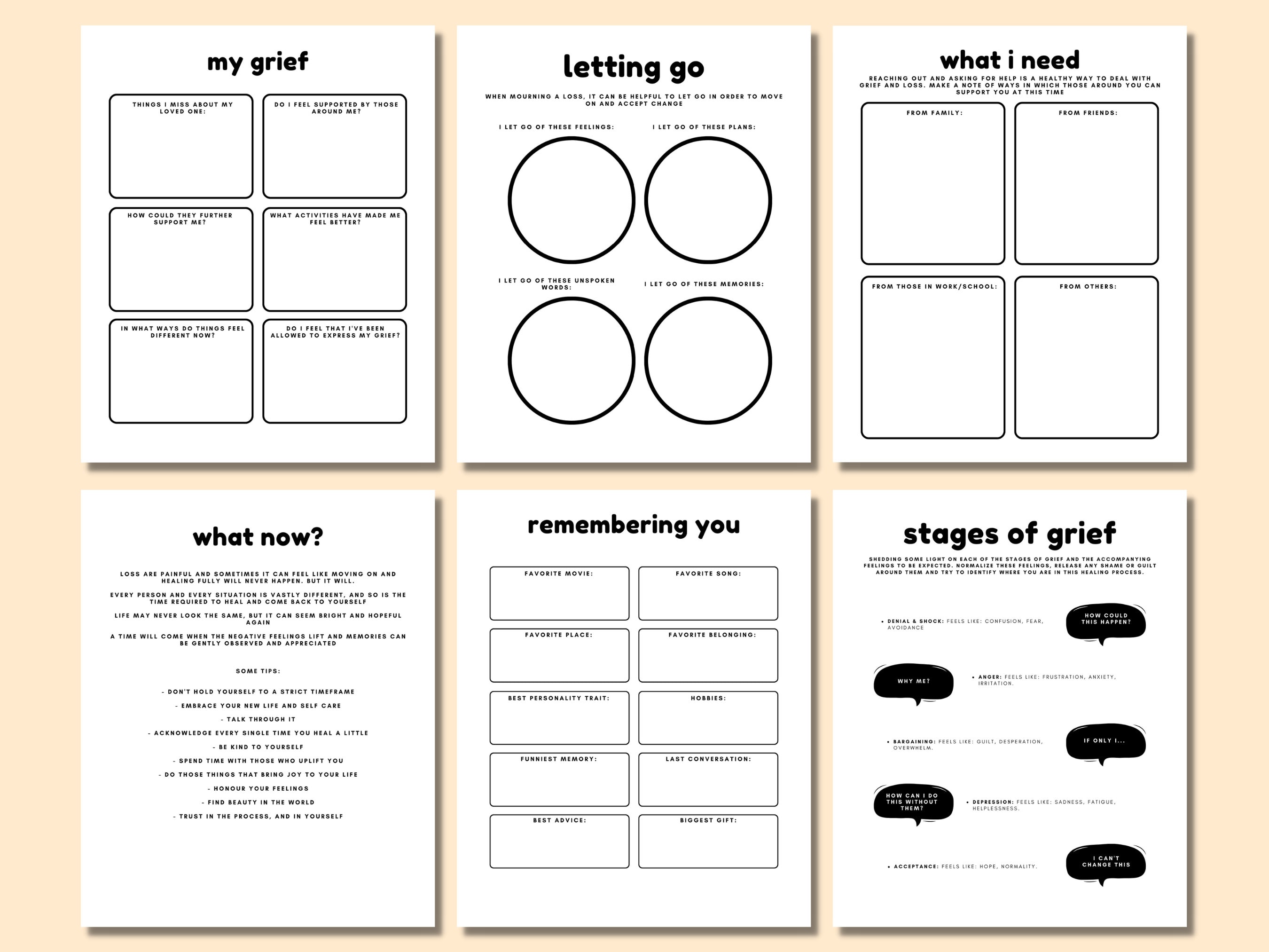 Grief Worksheets, Self Care Workbook, Grief Therapy Journal, Processing