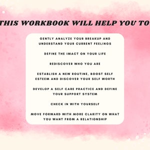 K&ouml;nnte beinhalten: Rosa-wei&szlig;er Aquarellhintergrund mit schwarzem Text, der "Dieses Arbeitsbuch wird dir helfen:" lautet, gefolgt von einer Liste von Schritten zur Heilung nach einer Trennung. Die Schritte umfassen: Analysiere deine Trennung sanft und verstehe deine aktuellen Gef&uuml;hle, definiere die Auswirkungen auf dein Leben, entdecke dich selbst neu, etabliere eine neue Routine, steiger dein Selbstwertgef&uuml;hl und entdecke deinen Selbstwert, entwickle eine Selbstpflegepraxis und definiere dein Unterst&uuml;tzungssystem, checke bei dir selbst ein und gehe mit mehr Klarheit dar&uuml;ber vor, was du dir von einer Beziehung erhoffst.