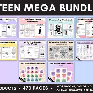 Teen Mega Bundle, Teen Self Care Workbook, Teen Mental Health, Teen Coloring Pages, Teen Journal Prompts, Teen Affirmations, Teen Therapy