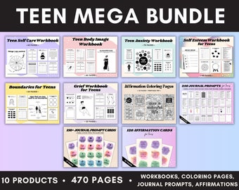 Teen Mega Bundle, Teen Self Care Workbook, Teen Mental Health, Teen Coloring Pages, Teen Journal Prompts, Teen Affirmations, Teen Therapy