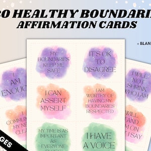 Carte di affermazione dei confini, stampabili, definizione di confini sani, affermazioni positive per le donne, diario dei confini, fogli di lavoro terapeutici