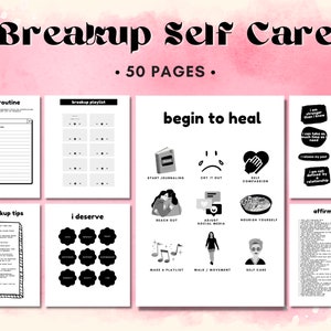 Può includere: Un quaderno di lavoro stampabile in bianco e nero con il titolo "Breakup Self Care" e il testo "50 Pages". Il quaderno include sezioni per creare una nuova routine, una playlist di rottura, consigli per guarire, affermazioni e consigli post-rottura.