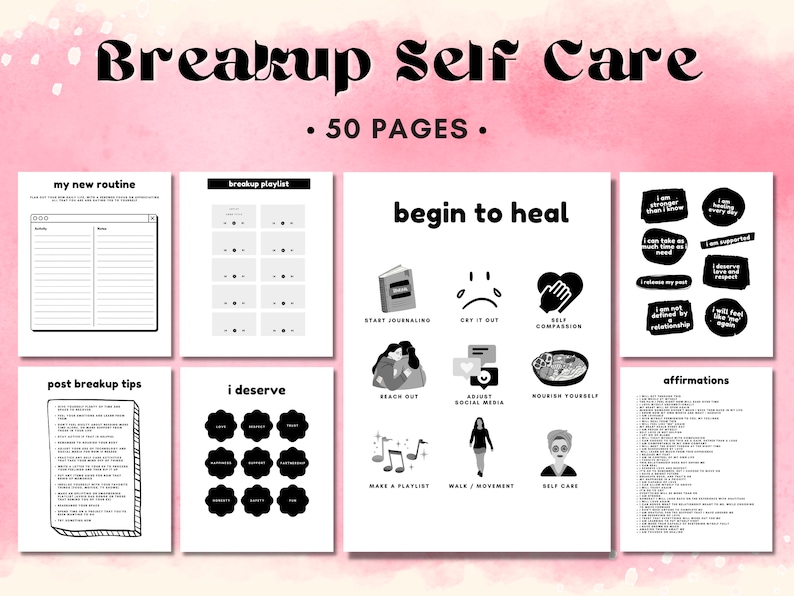 K&ouml;nnte beinhalten: Ein schwarz-wei&szlig;es druckbares Arbeitsbuch mit dem Titel "Breakup Self Care" und dem Text "50 Seiten". Das Arbeitsbuch enth&auml;lt Abschnitte f&uuml;r die Erstellung einer neuen Routine, eine Trennungs-Playlist, Tipps zum Heilen, Affirmationen und Tipps nach der Trennung.