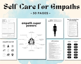 May include: A black and white printable self-care journal for empaths with 50 pages. The journal includes sections for an empath journal, empath super powers, body check-in, tips for protecting your energy, empath tool kit, affirmations, and empowered empath.