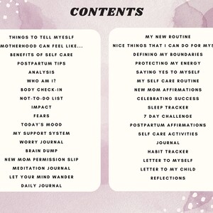 May include: A pink and white printable checklist with the word "CONTENTS" at the top. The checklist is divided into two columns. The left column lists things to tell yourself, such as "Motherhood can feel like..." and "Benefits of self care". The right column lists things to do for yourself, such as "My new routine" and "Nice things that I can do for myself".