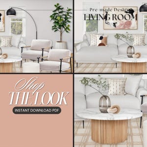 Scandinavisch kant-en-klaar interieurontwerp Gecategoriseerd op budget Ontwerpgids direct downloaden Kleurenschema meubelmoodboard Boodschappenlijstje