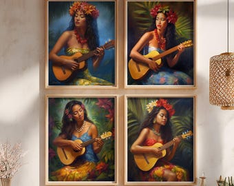 Set of 4 Hawaii Hula Girl Art Prints - Hawaii Wall Decor - Digital Download - Wall Art Print - Home Decor - Hawaii Poster