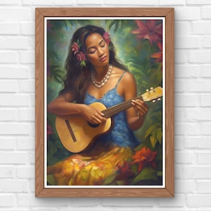 Hula Girl Ukulele Art Print - Hawaii Home Decor - Digital Download - Wall Decor - Wall Art - Hawaii Poster