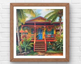 Caribbean House Painting - Tropical Jungle Wall Art - Digital Download - Wall Decor - Home Decor - Oil Painting
