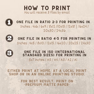 May include: Print guide with text "HOW TO PRINT" and instructions for receiving three files via email. Includes print sizes in inches for ratios 2:3, 4:5, and ISO standards. Recommends printing at home, a local shop, or online on premium matte paper.