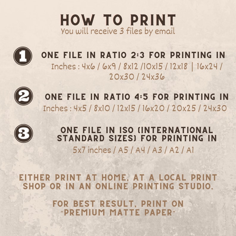 May include: Print guide with text "HOW TO PRINT" and instructions for receiving three files via email. Includes print sizes in inches for ratios 2:3, 4:5, and ISO standards. Recommends printing at home, a local shop, or online on premium matte paper.