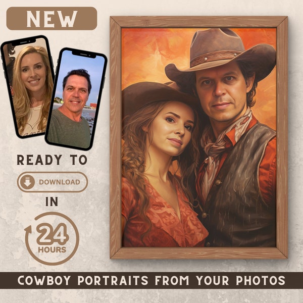 Custom Cowboy Couple Portrait from Photo - Digital Download - Custom Portrait from Photo - Gift Idea - Western - Cowgirl - Cowboy - Rodeo