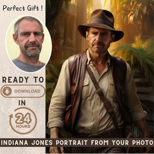 Retrato personalizado de Indiana Jones - Descarga digital - Retrato personalizado a partir de una foto - Ideas de regalo - Regalo para él - Regalo personalizado - Regalo para un amigo