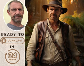 Custom Indiana Jones Portrait - Digital Download - Custom Portrait from Photo - Gift Ideas - Gift for Him - Custom Gift - Gift for Friend
