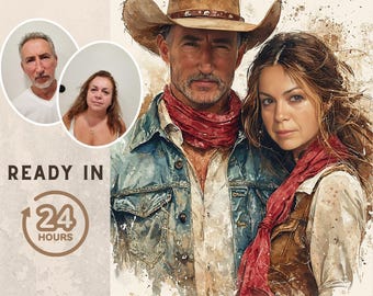 Custom Cowboy Couple Portrait From Photo - Printed Portrait - Watercolor - Gift for Him - Gift for Her - Gift for Friends - Custom Gift