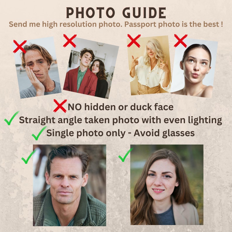 May include: A beige graphic with the text "PHOTO GUIDE" and instructions for photo submissions. The guide includes examples of acceptable and unacceptable photos, emphasizing high resolution, passport-style photos, and avoiding certain poses and accessories.