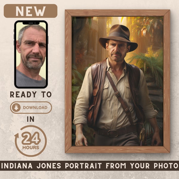 Custom Indiana Portrait - Digital Download - Custom Portrait from Photo - Gift Idea - Gift for Him - Personalized Portrait - Indiana Jones