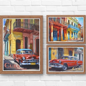 Cuba Art Print Set: Havana Travel Poster, Vintage Car Decor (Digital Download)