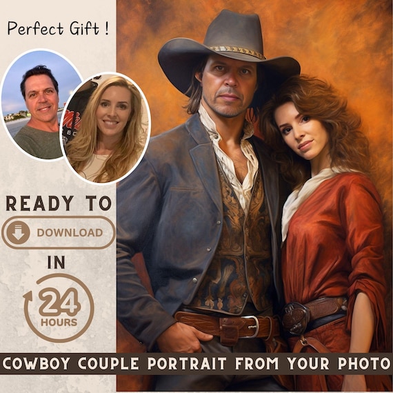 Custom Cowboy Couple Portrait from Photo - Digital Download - Custom Portrait Gift - Gift Ideas - Gift for Him - Gift for Her - Cowboy