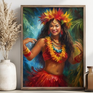 Hawaiian Hula Girl Art Print: Tropical Dancer Oil Painting (Digital Download)