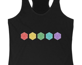 Women's Rainbow D20 Racerback Tank: DnD Nerd Pride Dice TTRPG Gamer Apparel and Gift