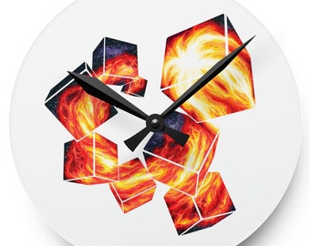 Fireball Damage Dice Fantasy Clock: 8d6 Tabletop DnD Gaming Timepiece - Round & Square Shapes, Two Sizes - Spell Damage TTRPG Nerdy Art