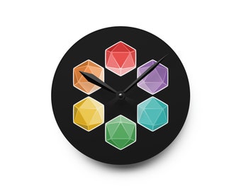 D20 Star Wall Clock: Dice RPG Gamer Decor, Tabletop DnD Gaming Timepiece, Round & Square Shapes, Black TTRPG Nerd Pride Art
