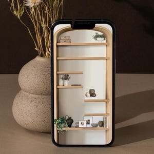 May include: A phone screen displaying a white bookshelf with arched openings and various decorative items, including plants, vases, and books. The bookshelf is against a white wall.