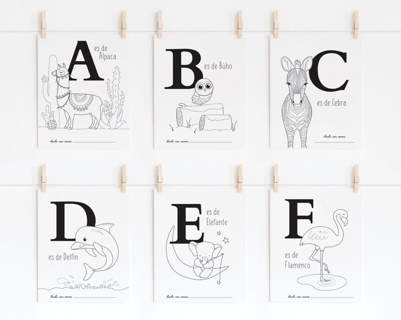 May include: Black and white printable alphabet flash cards featuring an animal for each letter. The cards include the letter, the animal, and the Spanish word for the animal. The animals include an alpaca, owl, zebra, dolphin, elephant, and flamingo.