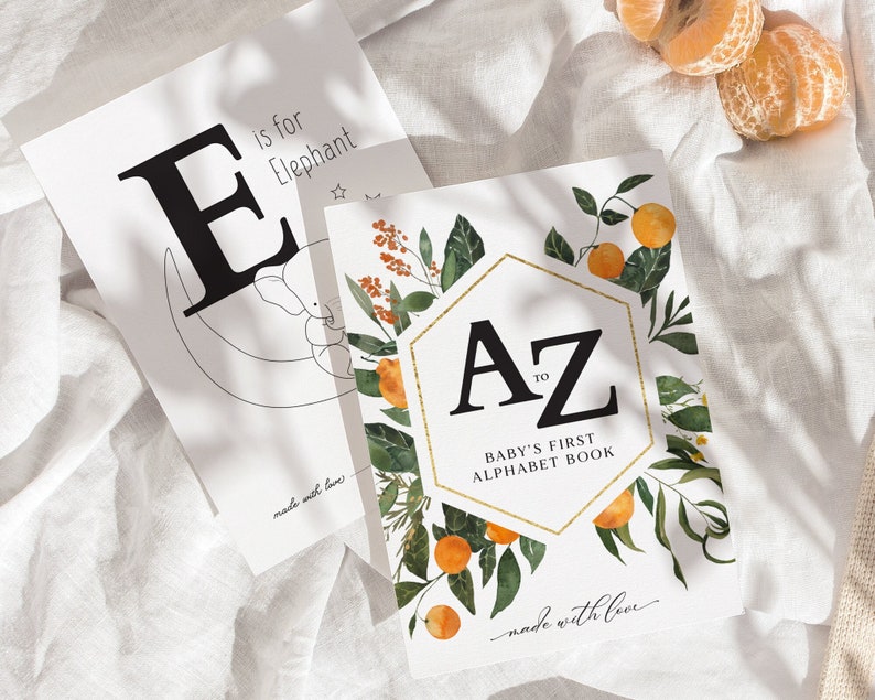 May include: A white book with a gold hexagon on the cover. The hexagon has the letters "A to Z" in black text and the words "Baby's First Alphabet Book" in smaller black text. The book is surrounded by a watercolor illustration of green leaves and orange citrus fruit.