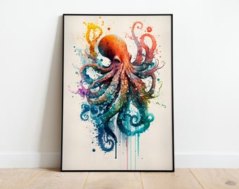 May include: A colorful watercolor painting of an octopus with blue, green, orange, and purple tentacles. The octopus is surrounded by splashes of paint.