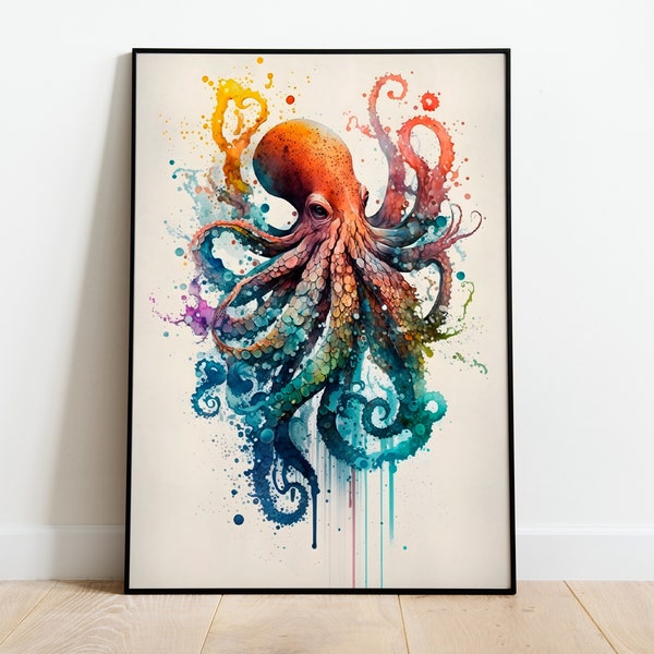 Octopus Watercolor PRINTABLE ART Octopus Print Instant Download Octopus Poster Nature Gift Animal Wall Decor Wildlife Painting Colorful Art