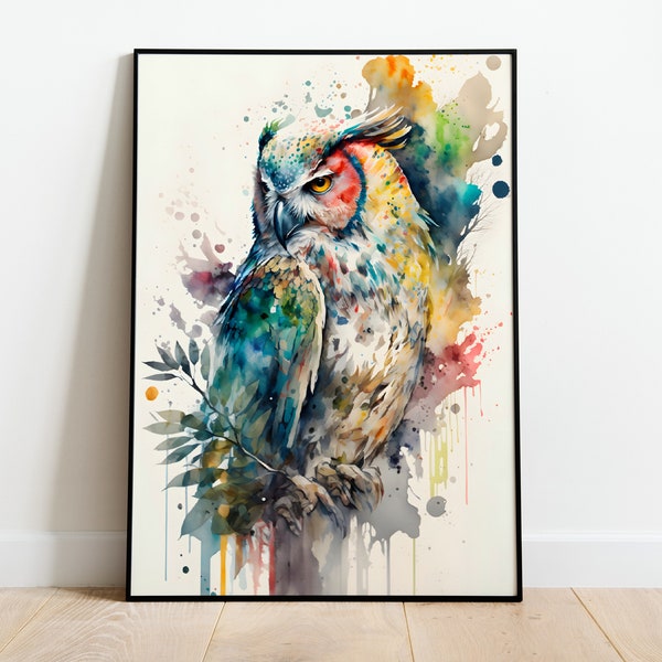 Uhu Aquarell DRUCKBARE KUNST Uhu Print Sofortiger Download Uhu Poster Wildlife Geschenk Tiere Wand Dekor Bunte Art