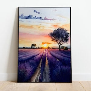 Lavender field, Purple, Sunset, Watercolour, Digital Poster, Downloadable Art Print, Instant Download