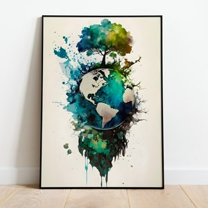 May include: Watercolor art print of Earth with a tree on top, framed in black. The globe is depicted in shades of blue and green, with continents in white. The artwork has a splash effect, with colors blending and dripping.
