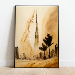 Burj Khalifa, Dubai, VAE, Sand storm, Watercolour, Digital Poster, Downloadable Art Print, Instant Download