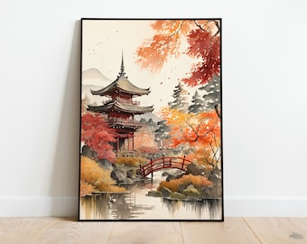 Japanischer Garten, japanischer Tempel, Kyoto, Aquarell, digitales Poster, herunterladbarer Kunstdruck, Sofortiger Download