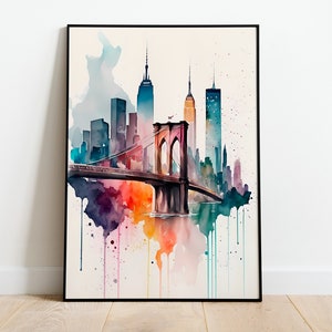 Acuarela Brooklyn_Bridge, Puente de acuarela de la ciudad de Nueva York, Acuarela Skyline, Póster digital, Impresión de arte descargable, Descarga instantánea